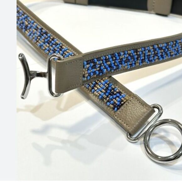 Chico's Blue Bead Faux Leather Adjustable Length Belt Silver Buckle - Picture 3 of 11